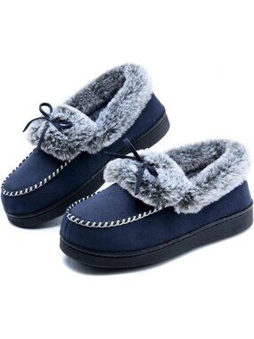 Women's Navy Fuzzy Warm Moccasin Memory Foam Soft Fluffy Closed Back Slippers